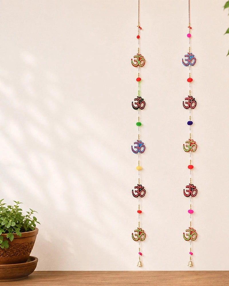 Om Symbol Wall Hanging with Pom Poms and Bells for Home Decoration