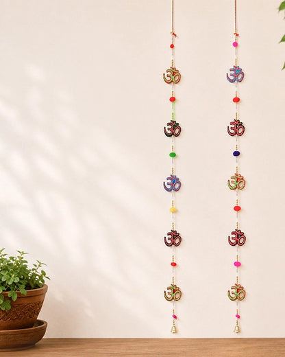 Om Symbol Wall Hanging with Pom Poms and Bells for Home Decoration