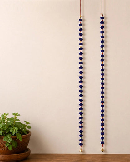 Handcrafted Blue Pom Pom Wall Hanging with Colorful Beads Set of 2