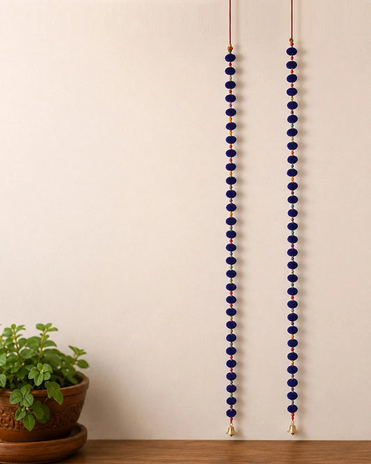 Handcrafted Blue Pom Pom Wall Hanging with Colorful Beads Set of 2