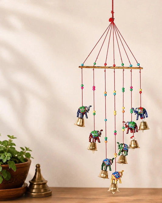 Rajasthani Handmade Wind Chime with Elephant & Colorful Bells for Home Decor