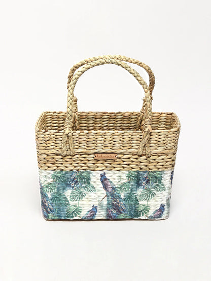 Handcrafted Seagrass Tote Bag & Marketing Basket - Peacock