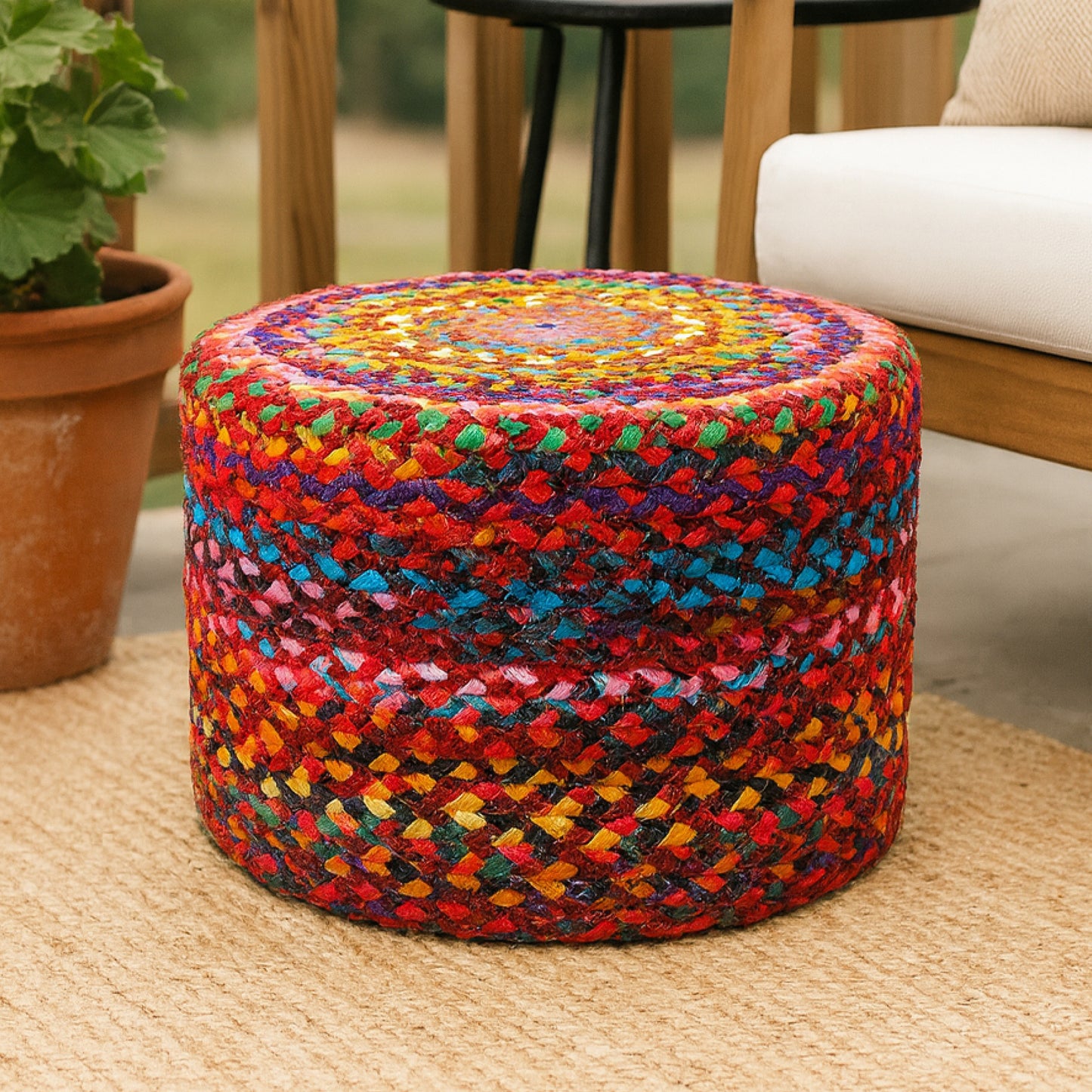 Handwoven Jute Round Pouffe in Multicolor for Living Room
