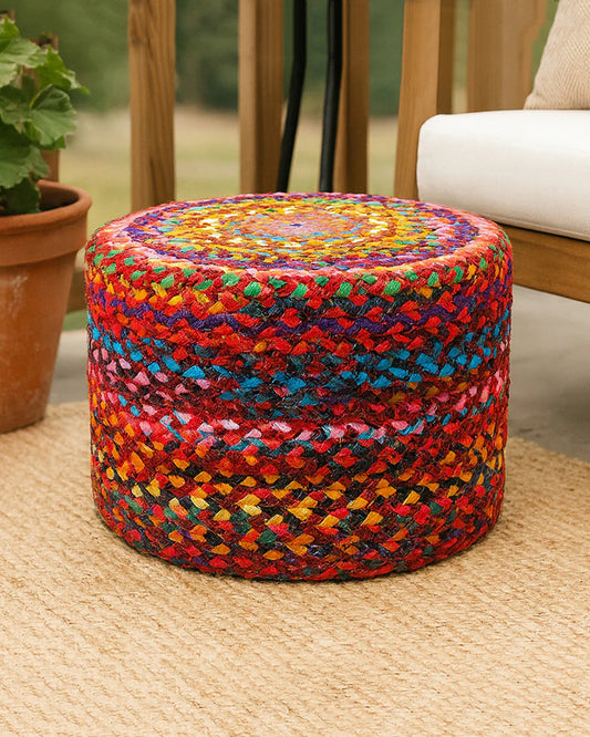 Handwoven Jute Round Pouffe in Multicolor for Living Room