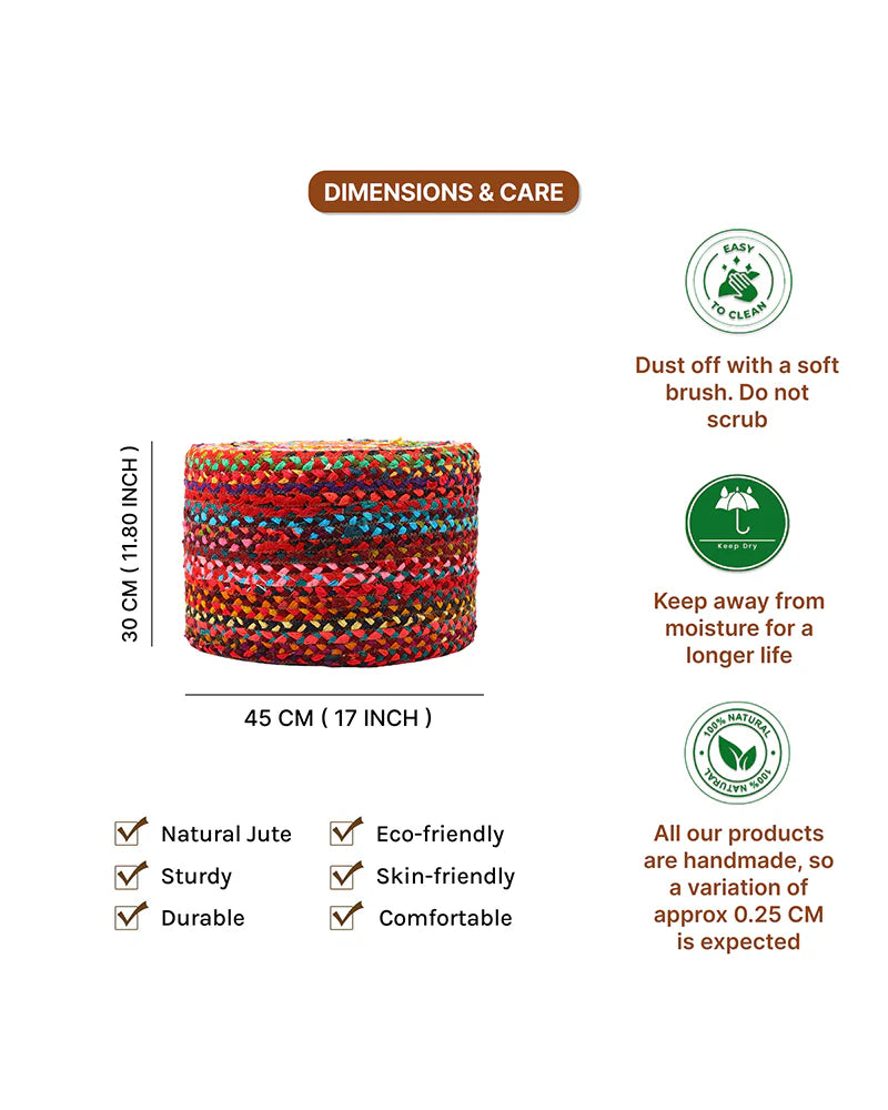 Handwoven Jute Round Pouffe in Multicolor for Living Room