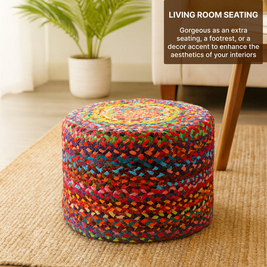 Handwoven Jute Round Pouffe in Multicolor for Living Room