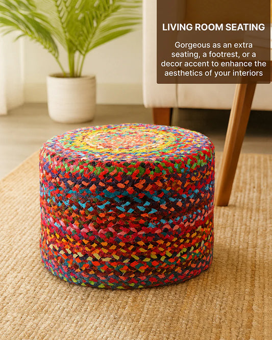 Handwoven Jute Round Pouffe in Multicolor for Living Room