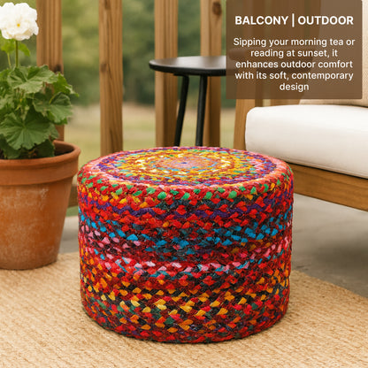 Handwoven Jute Round Pouffe in Multicolor for Living Room