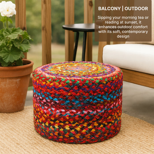 Handwoven Jute Round Pouffe in Multicolor for Living Room
