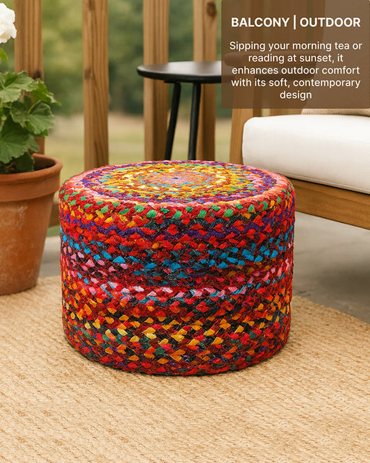 Handwoven Jute Round Pouffe in Multicolor for Living Room