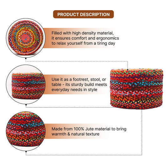 Handwoven Jute Round Pouffe in Multicolor for Living Room