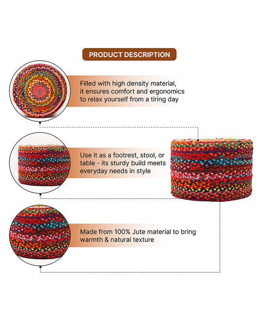 Handwoven Jute Round Pouffe in Multicolor for Living Room