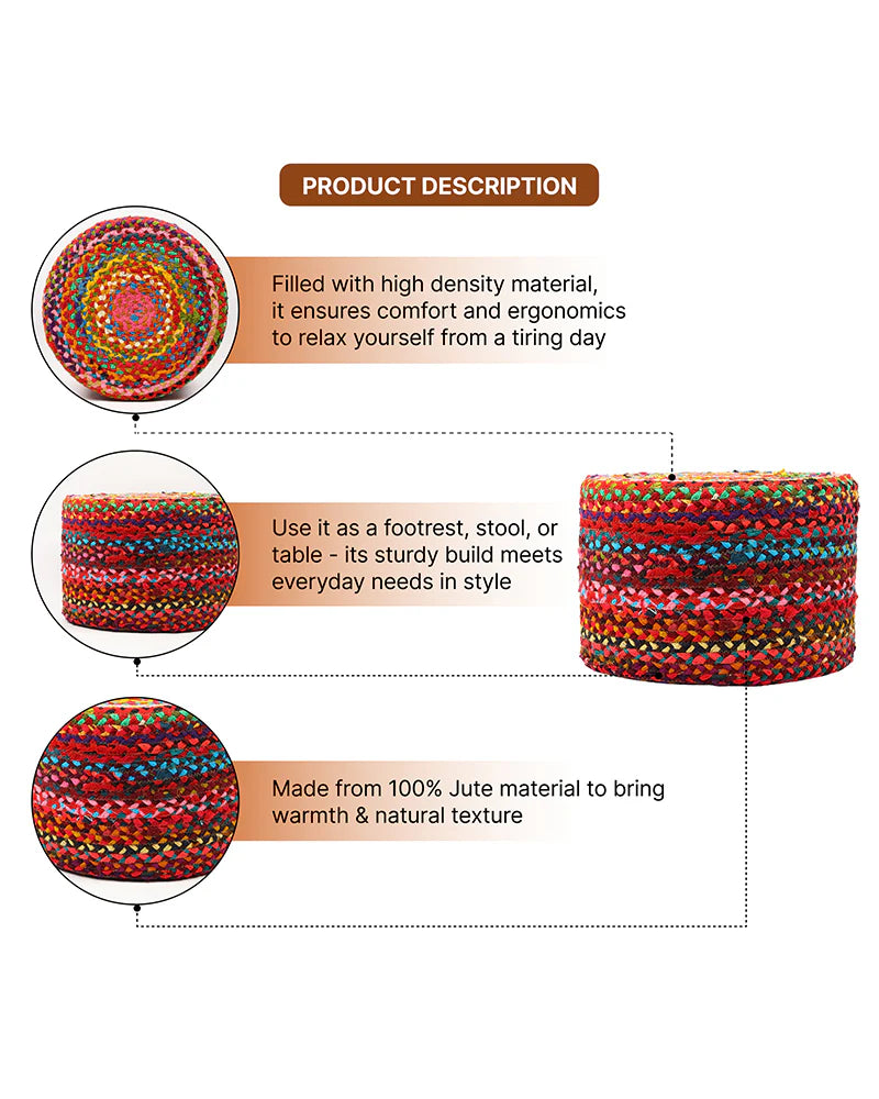 Handwoven Jute Round Pouffe in Multicolor for Living Room