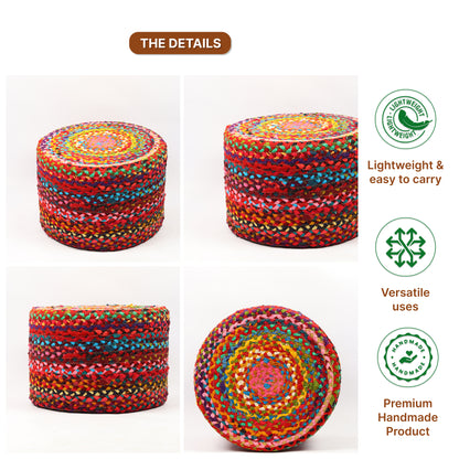 Handwoven Jute Round Pouffe in Multicolor for Living Room