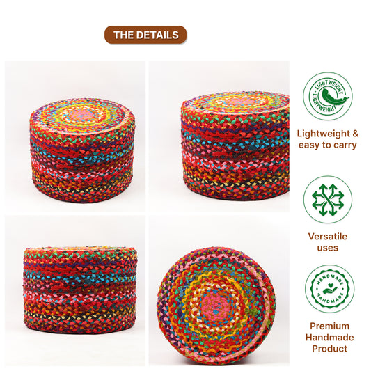 Handwoven Jute Round Pouffe in Multicolor for Living Room