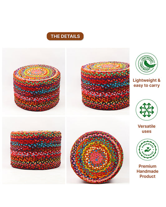 Handwoven Jute Round Pouffe in Multicolor for Living Room