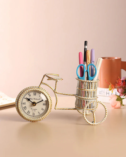 Decorative Metal Table Clock with Pen Holder for Home and Office