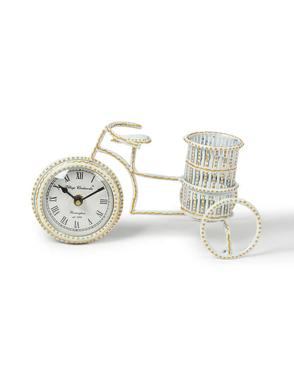 Decorative Metal Table Clock with Pen Holder for Home and Office