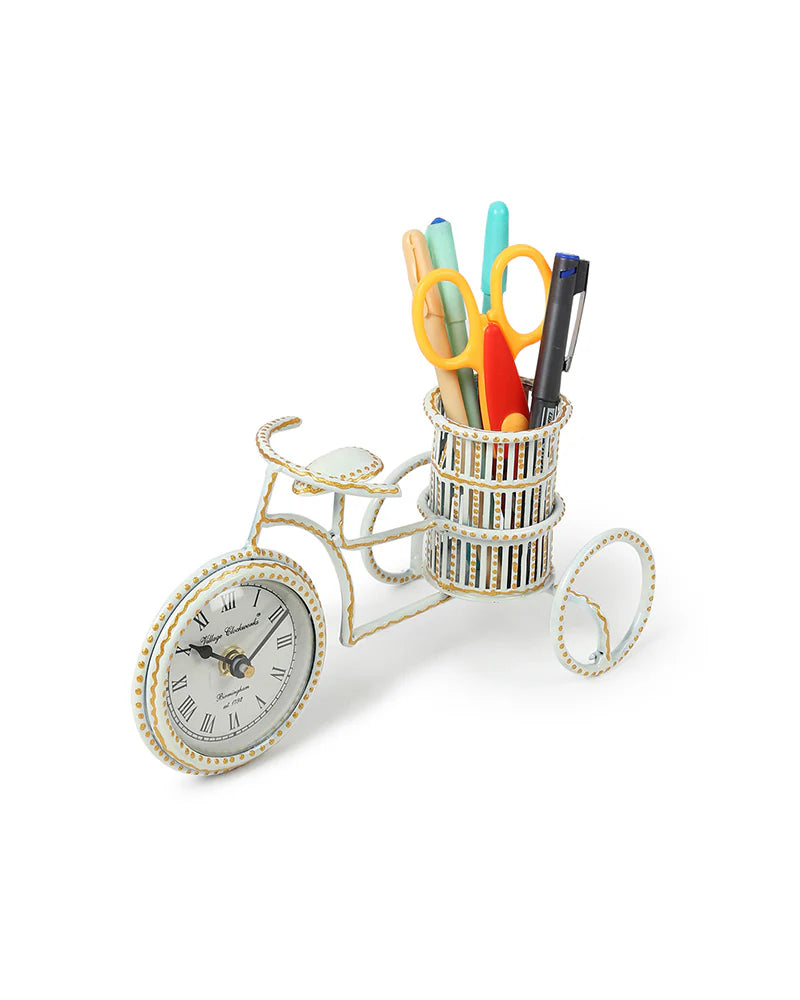 Decorative Metal Table Clock with Pen Holder for Home and Office