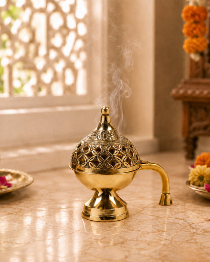 Brass Dhoop Dani for Aarti and Puja with Elegant Sambrani and Loban Holder