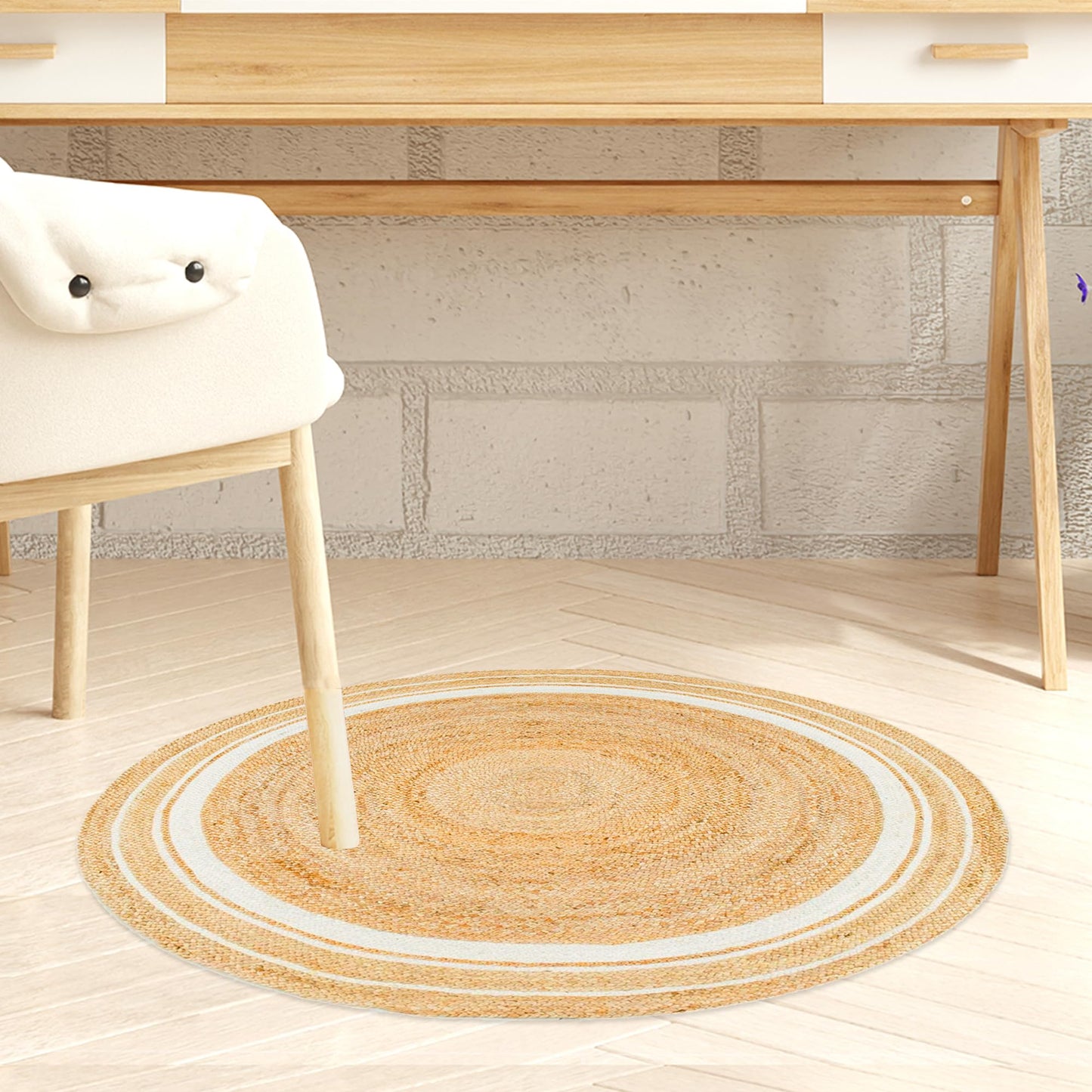 Rustic White Round Jute Carpet For Bedroom Interior