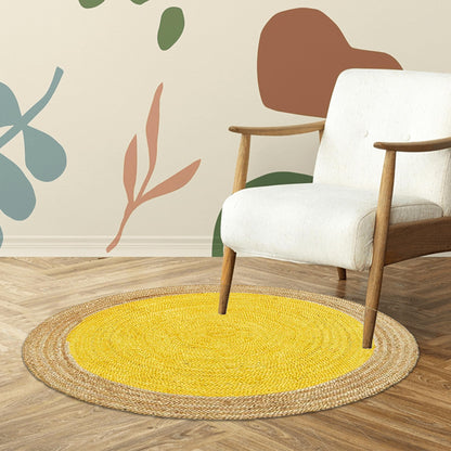 Handcrafted Yellow Round Jute Carpet For Living Room