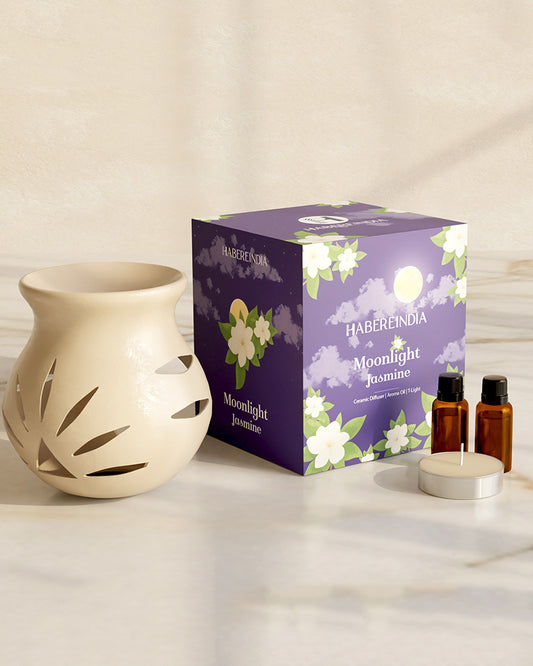 Ceramic Aroma Oil Diffuser Set | Essential Oil Burner, 10ml Jasmine Aroma Oil & Tea Light Candle