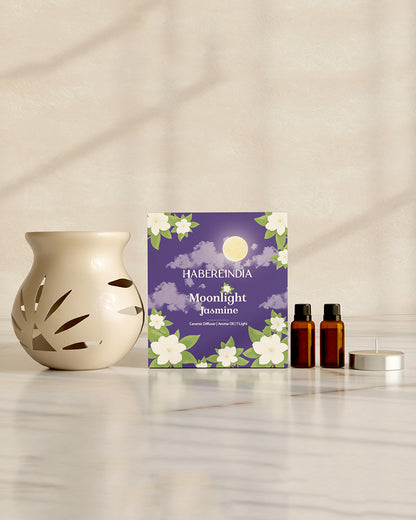 Ceramic Aroma Oil Diffuser Set | Essential Oil Burner, 10ml Jasmine Aroma Oil & Tea Light Candle