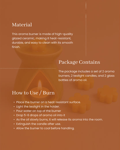 Ceramic Aroma Oil Diffuser Set of 2 | Essential Oil Burner, 10ml Jasmine Aroma Oil & Tea Light Candle