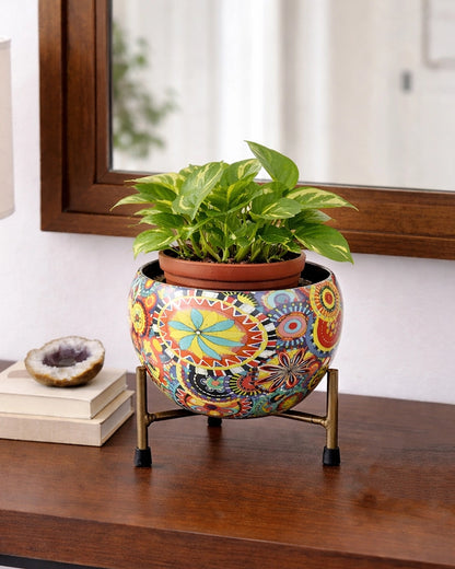 Mandala Print Metal Plant Pot with Stand