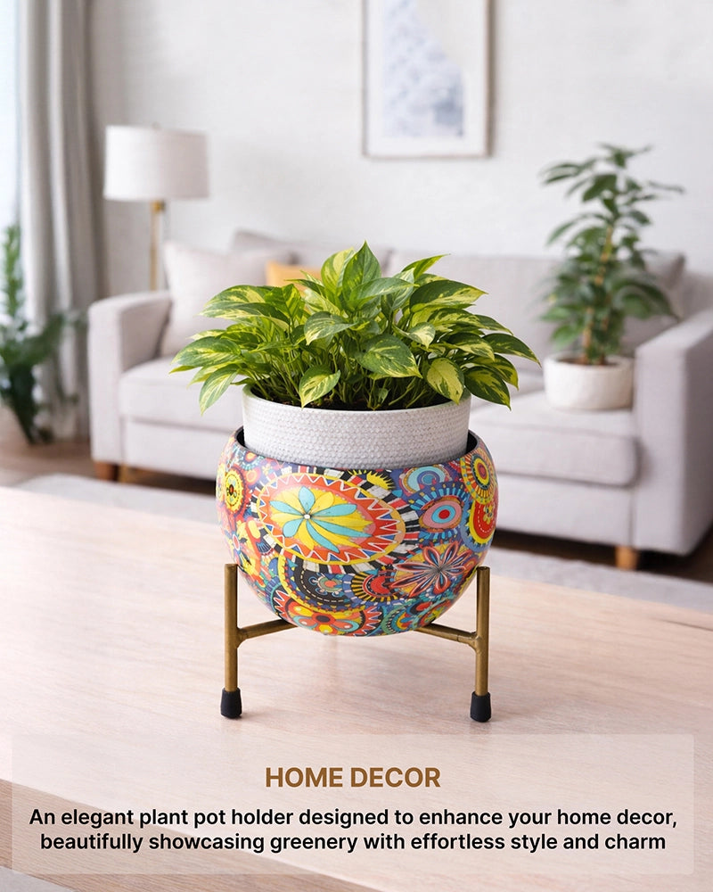 Mandala Print Metal Plant Pot with Stand