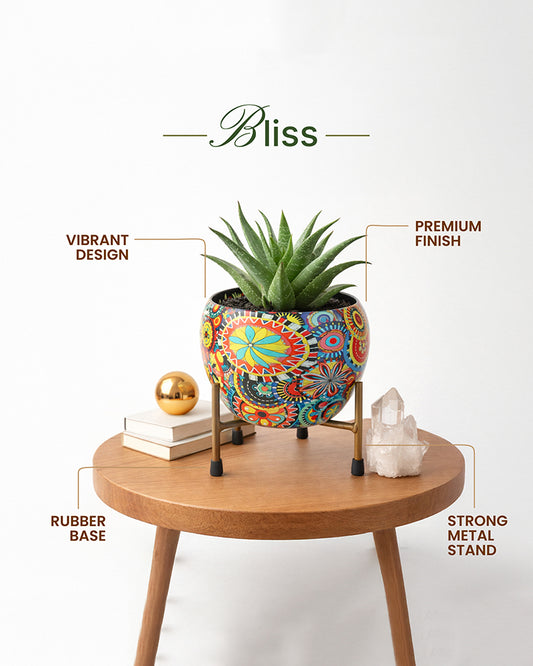 Mandala Print Metal Plant Pot with Stand
