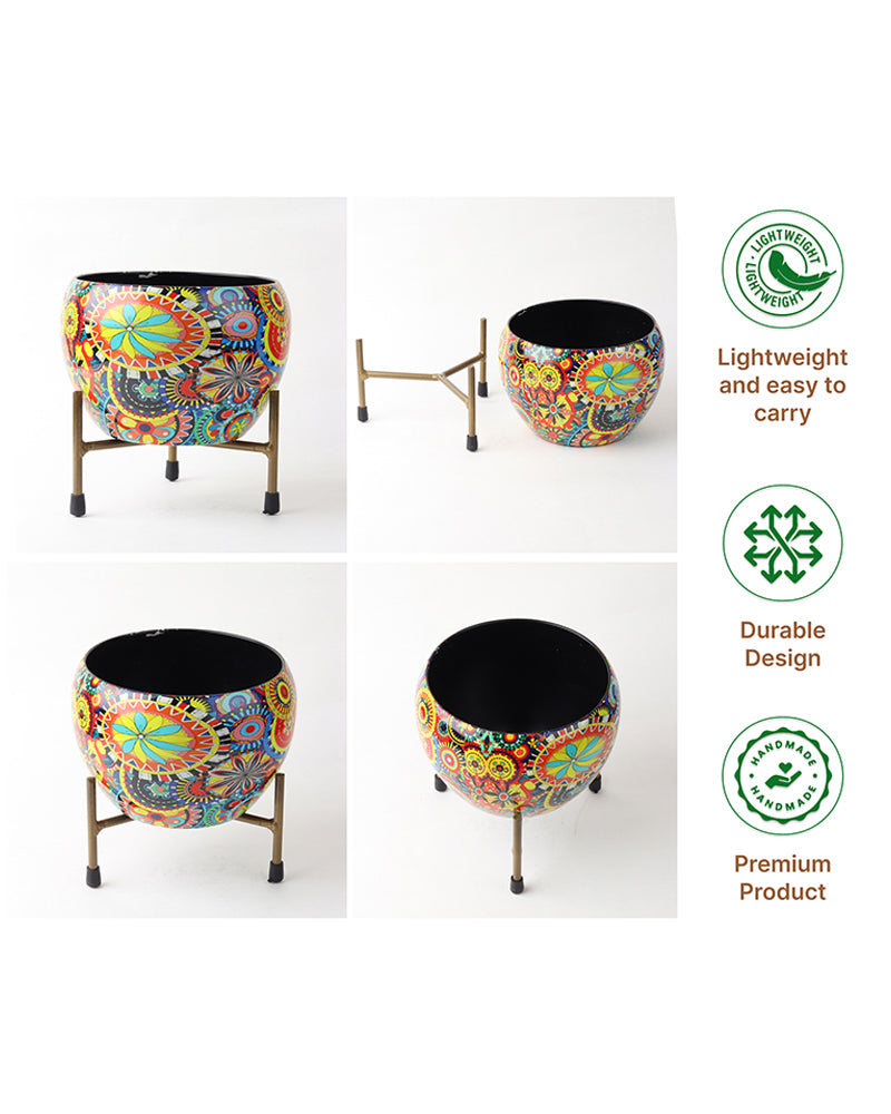 Mandala Print Metal Plant Pot with Stand