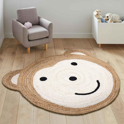 Handmade Teddy Bear Design White Round Jute Carpet For Kids Room