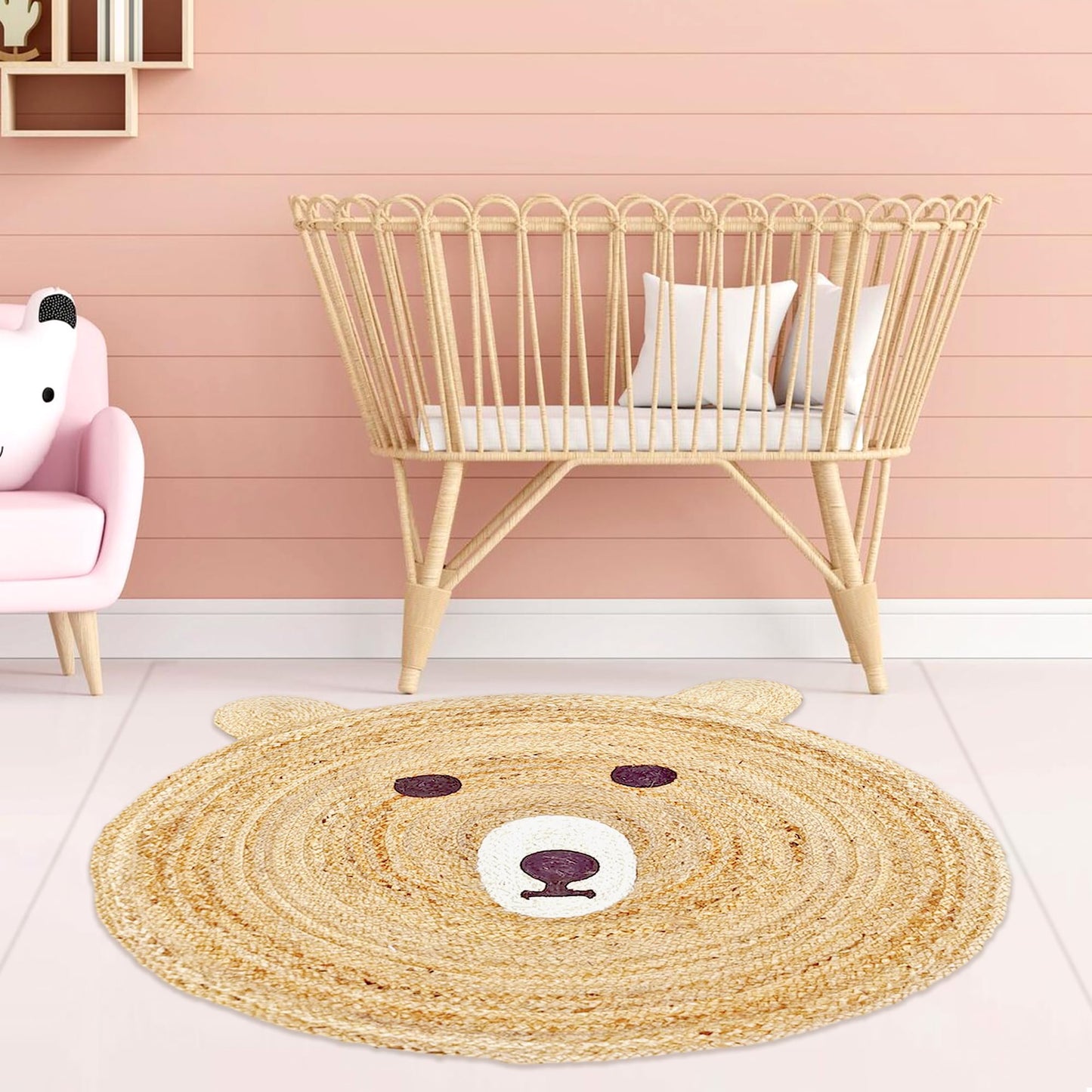 Handmade Teddy Bear Design Beige Round Jute Carpet For Bedroom