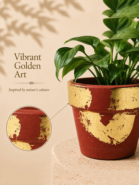 Gold Art Hand Painted Terracotta Plant Pot (Red & Gold)
