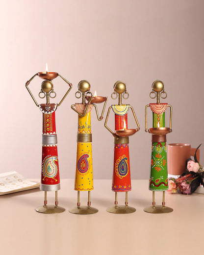 Set of 4 Metal African Tribal Tealight Holders for Decorative Home and Pooja Room