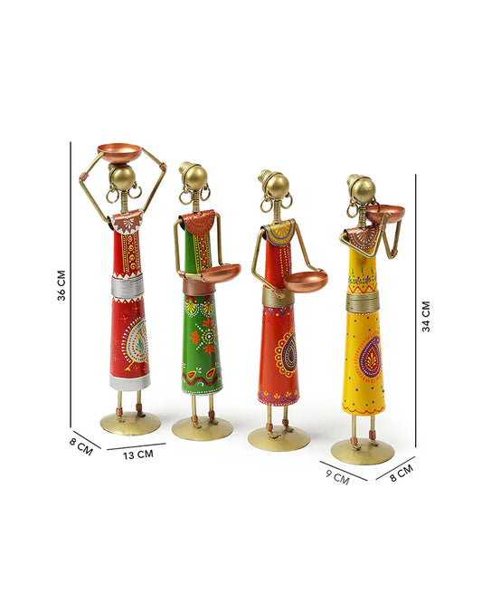 Set of 4 Metal African Tribal Tealight Holders for Decorative Home and Pooja Room