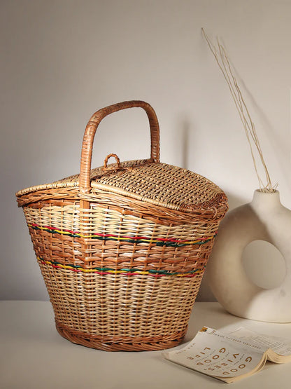 Vintage Wicker Picnic Basket for Food Storage, Outdoor Dining & Travel