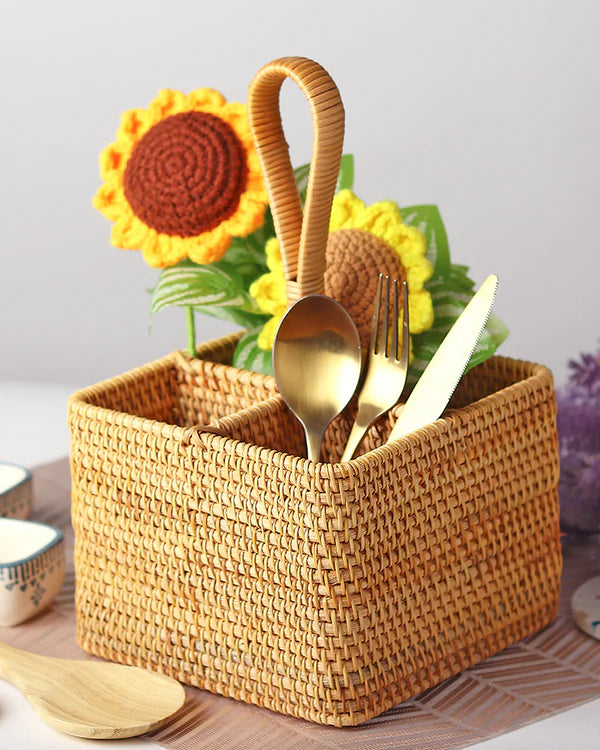 Rattan Spoon Stand for Kitchen Counter, Cutlery Holder, and Table Organizer