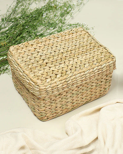 Handmade Seagrass Storage Box with Lid for Wardrobe & Accessories