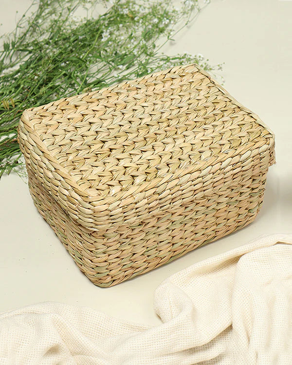 Handmade Seagrass Storage Box with Lid for Wardrobe & Accessories