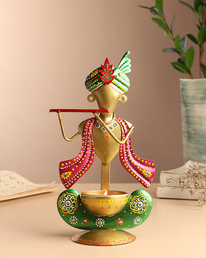 Metal Krishna Statue Candle Holder and Tea Light Stand for Home