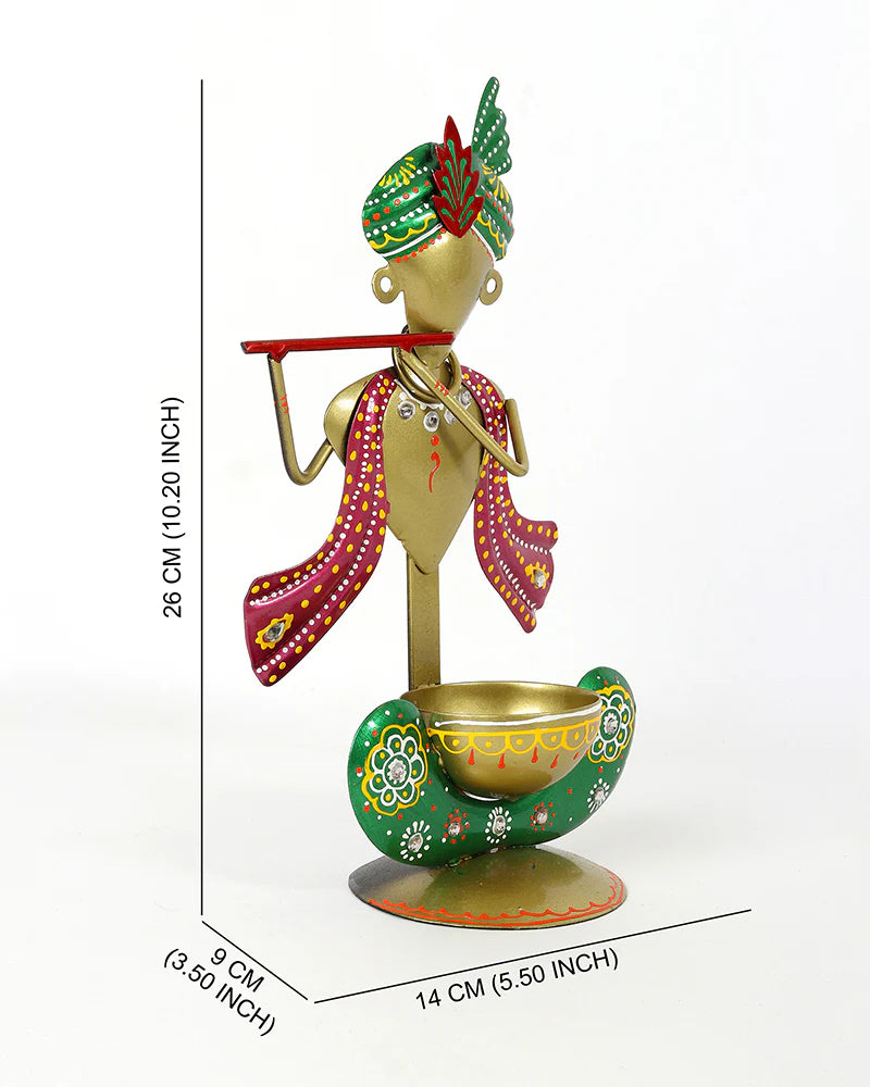 Metal Krishna Statue Candle Holder and Tea Light Stand for Home