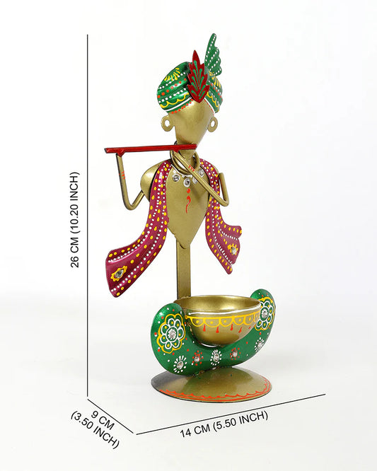 Metal Krishna Statue Candle Holder and Tea Light Stand for Home