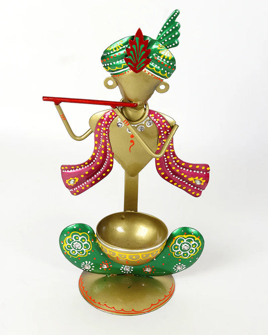 Metal Krishna Statue Candle Holder and Tea Light Stand for Home