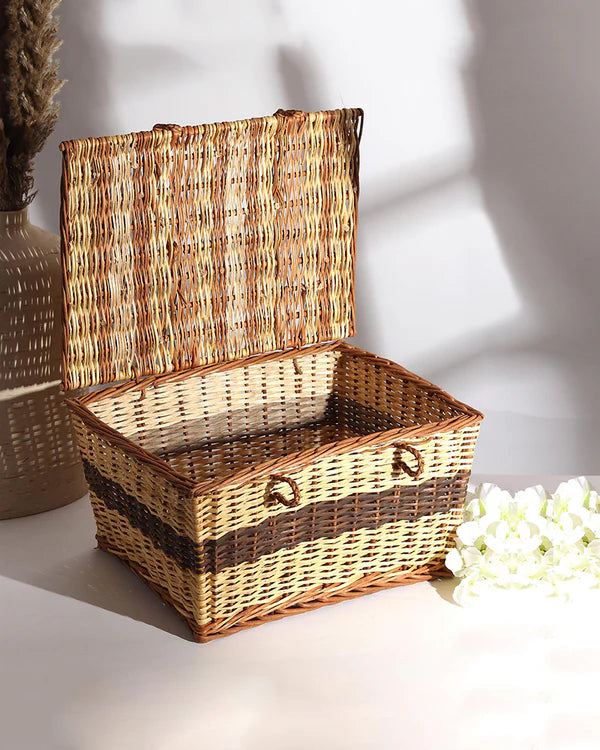 Rustic Seagrass Storage Box with Lid for Desk, Closet & Household Item