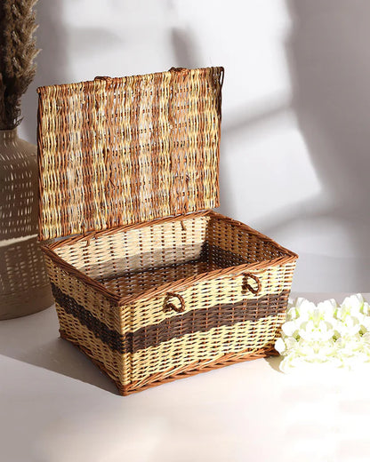 Rustic Seagrass Storage Box with Lid for Desk, Closet & Household Item