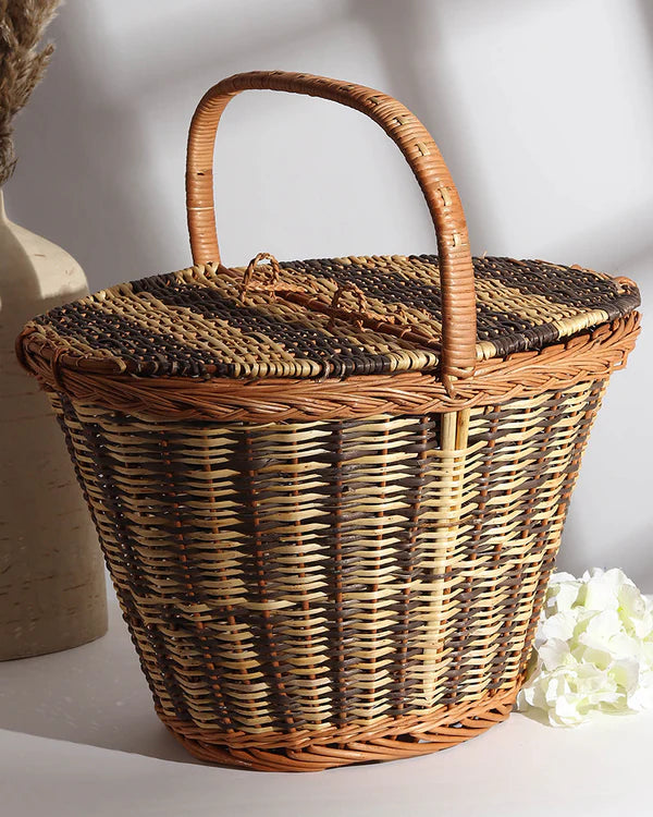 Portable Wicker Picnic Basket for Park Picnics, Weekend Trips & Food Carry