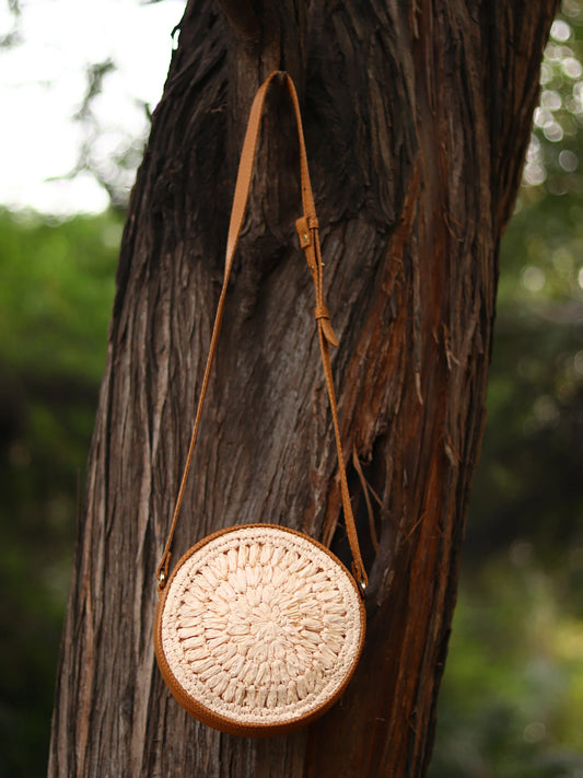 Handwoven Round Raffia Crossbody Sling Bag for Casual and Travel Use